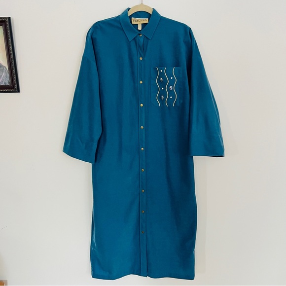 Teal Ultrasuede Shirt Dress / Duster with Jeweled Pocket Fits Small-Large - Picture 4 of 9